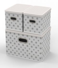 Úložný box s víkem - sada 3 ks bílá kytičky | bílá - kytičky